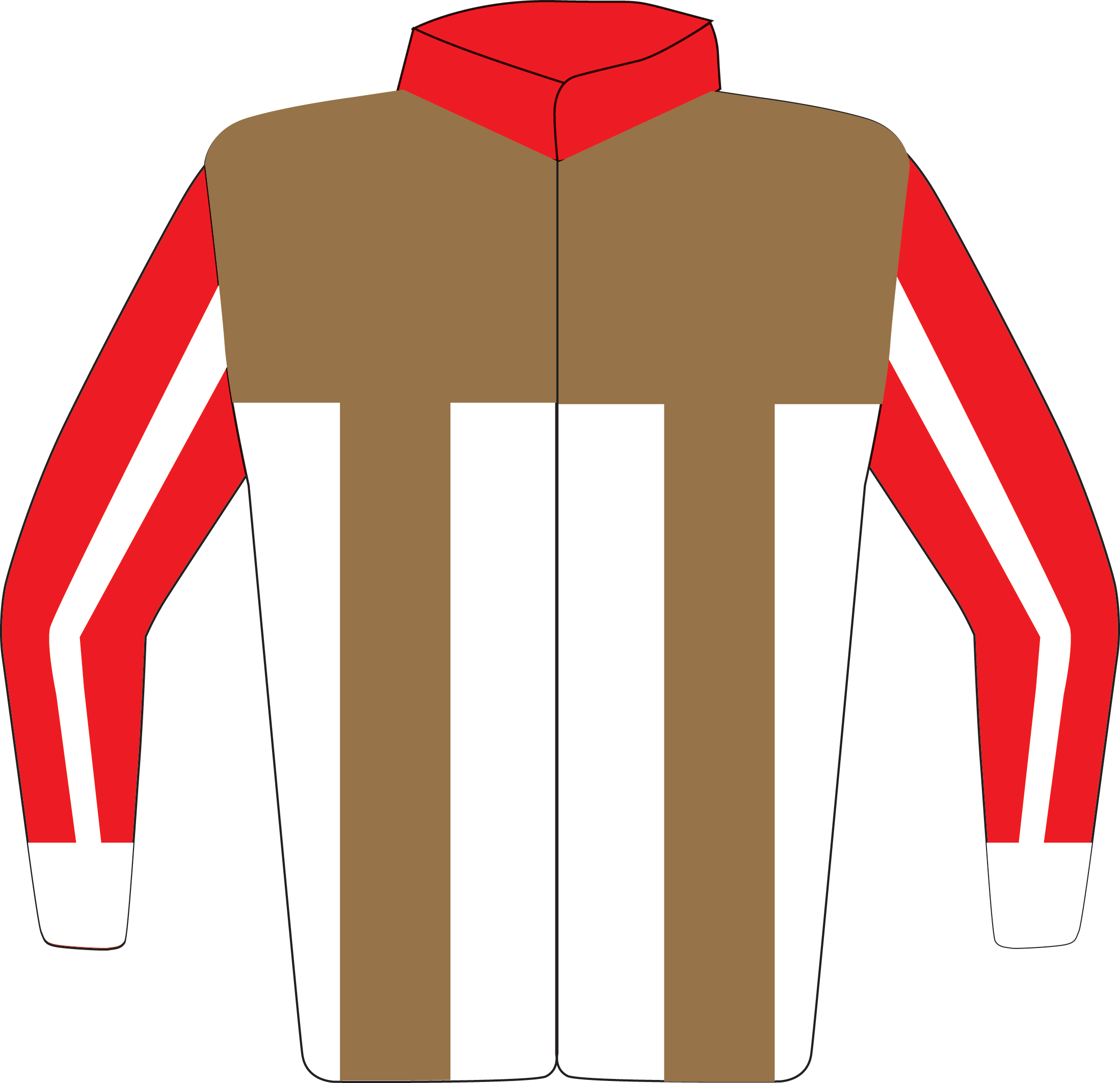 Colours: Red, Caramel Yoke & Braces, White Trim, Stripe on Sleeves, White Cuffs