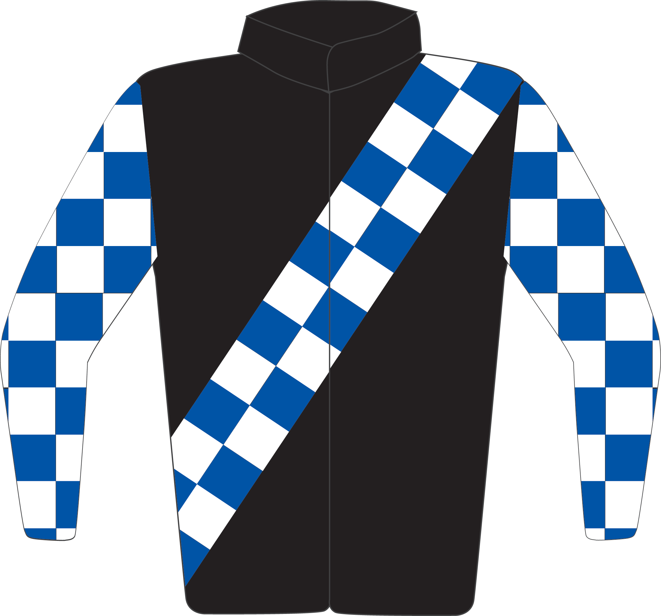 Colours: Black, Blue & White Chequered Sash, Chequered Sleeves