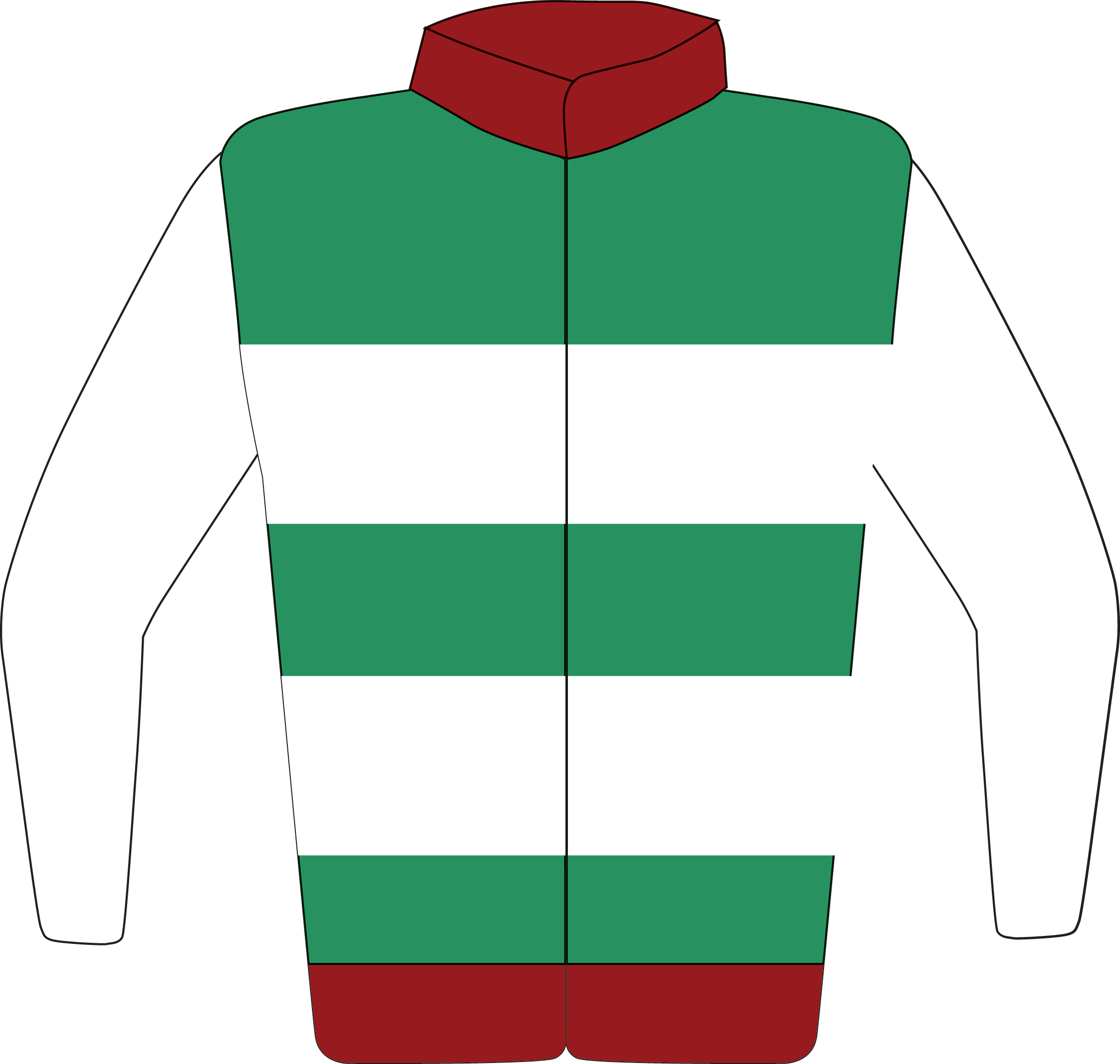 Colours: Emerald Green, White Hoops, Maroon Collar & Waistband, White Sleeves