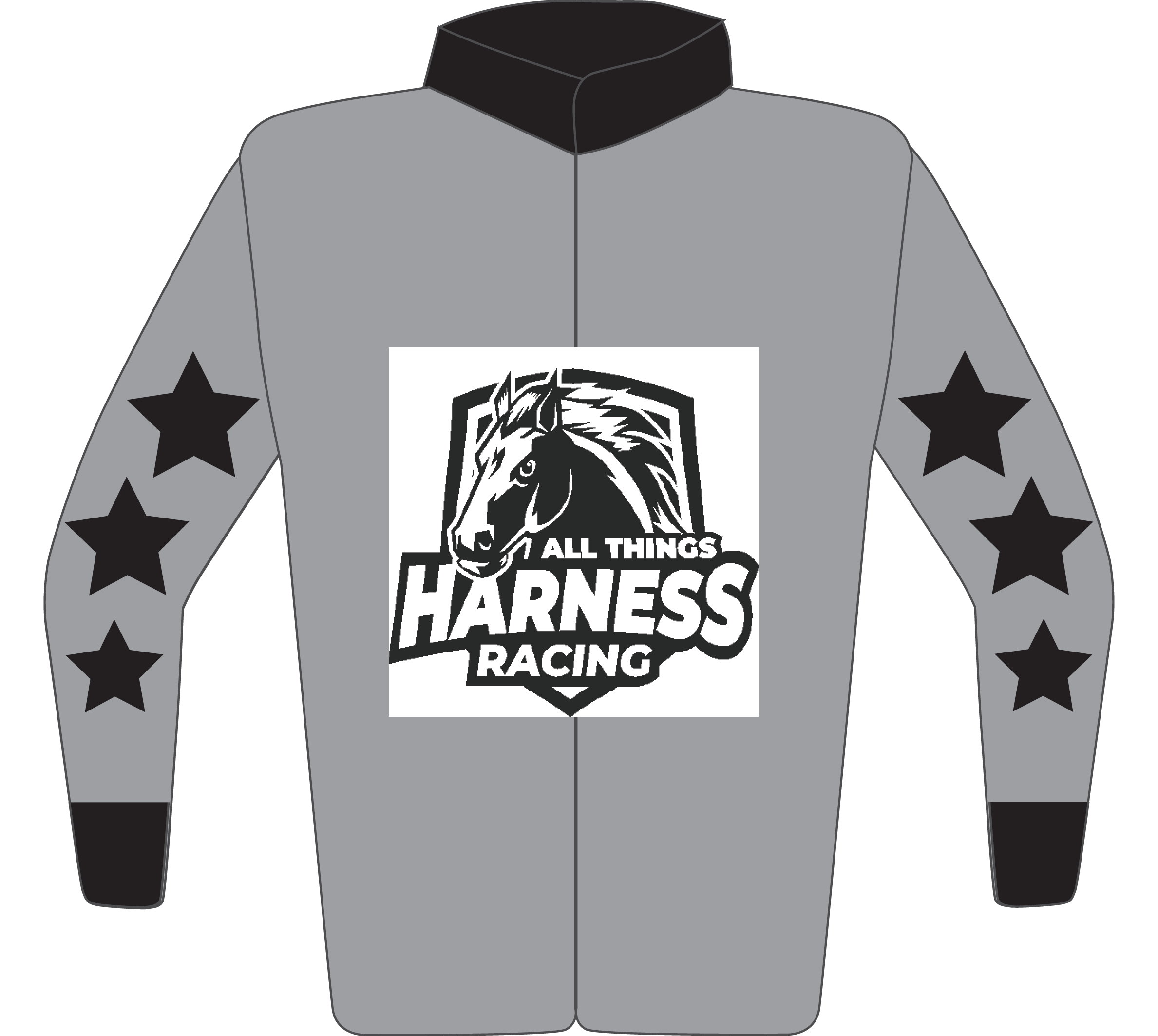 Colours: Silver Grey, All Things Harness Racing Logo, Black Collar, Stars on Sleeves, Black Cuffs
