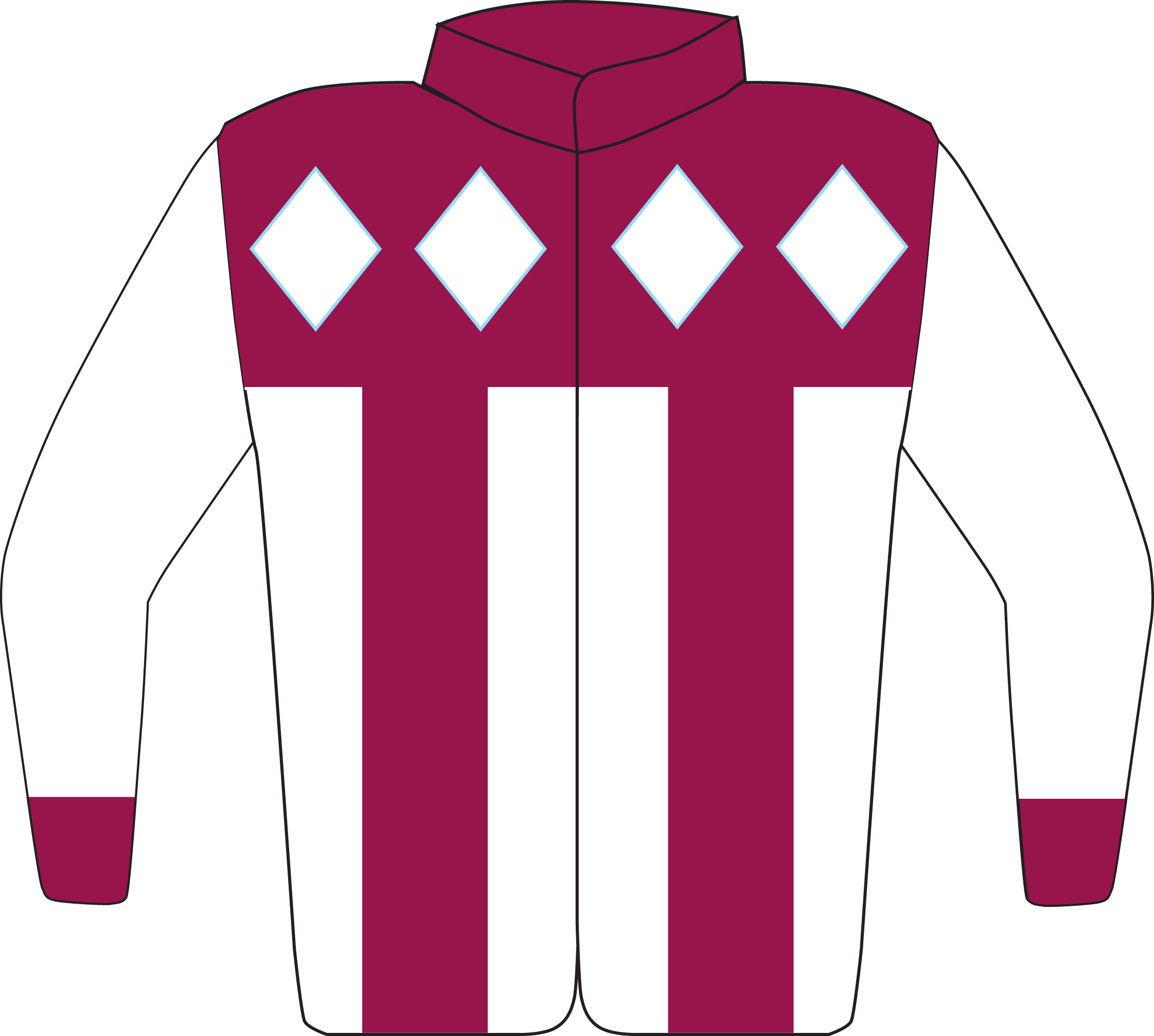 Colours: White, White Diamonds on Maroon Yoke, Maroon Braces & Cuffs