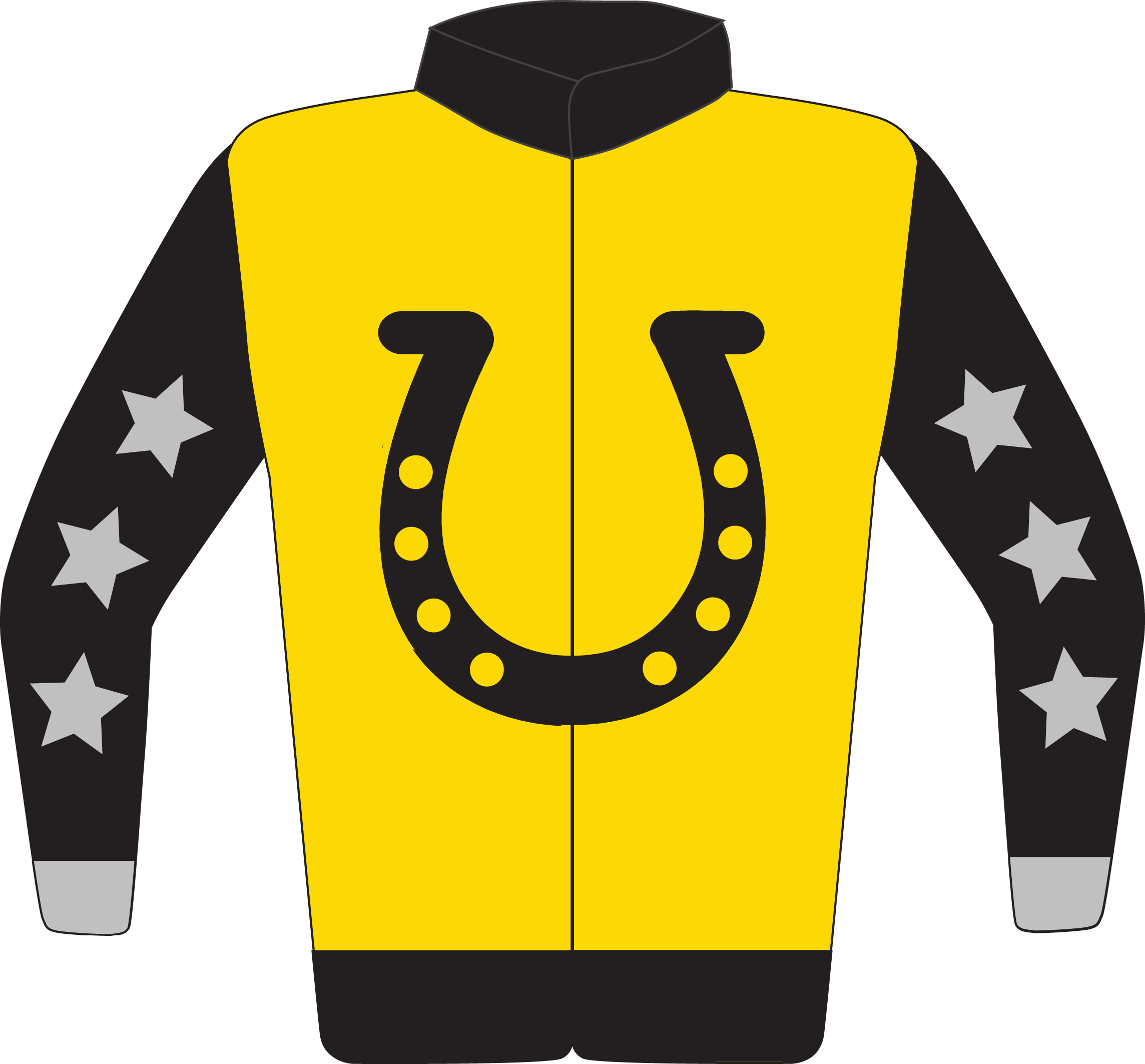 Colours: Gold, Black Horseshoe, Collar & Waistband, Silver Stars on Black Sleeves, Silver Cuffs