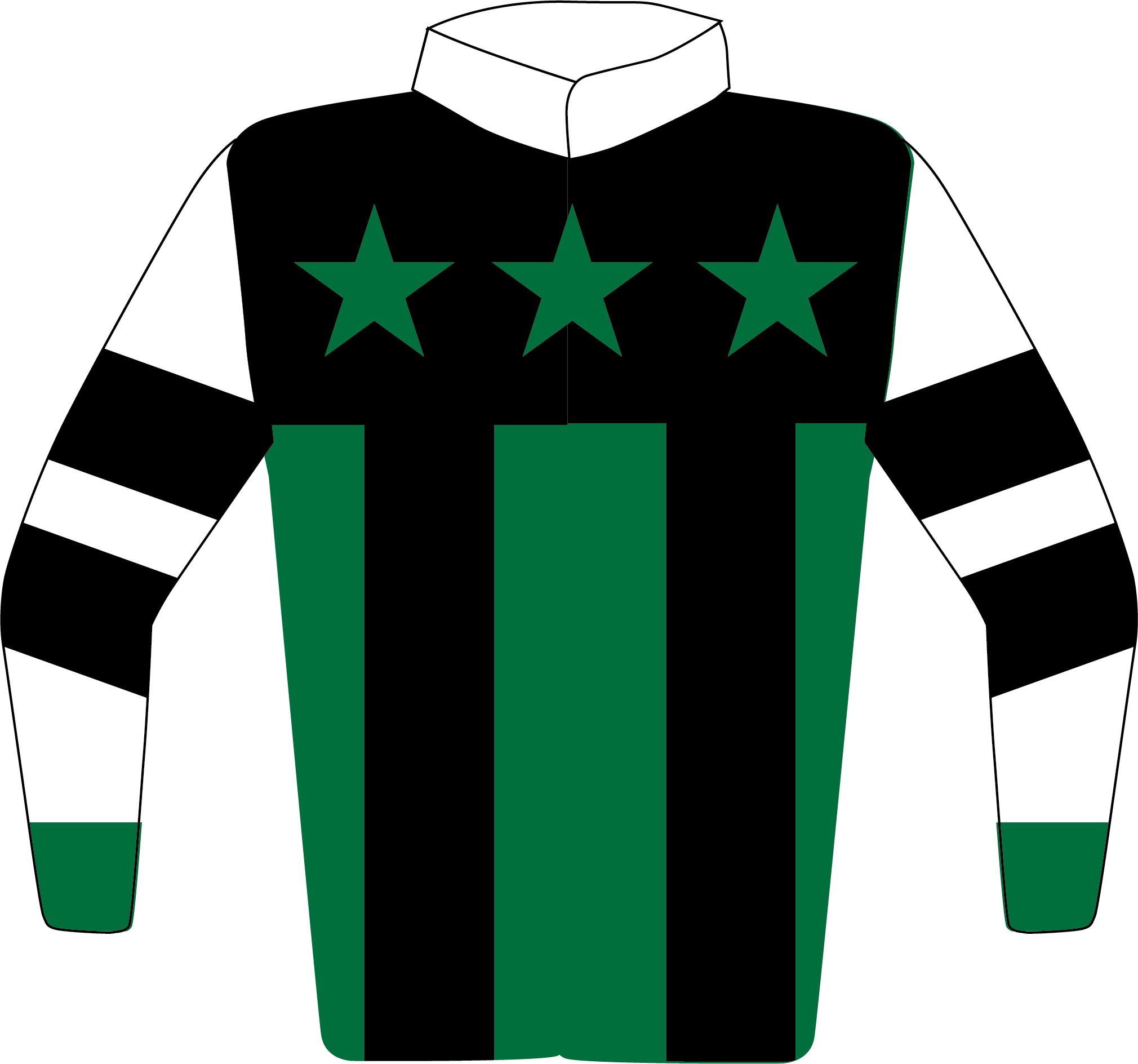 Colours: Dark Green, Green Stars on Black Yoke, Black Braces, Hoops on White Sleeves, Green Cuffs