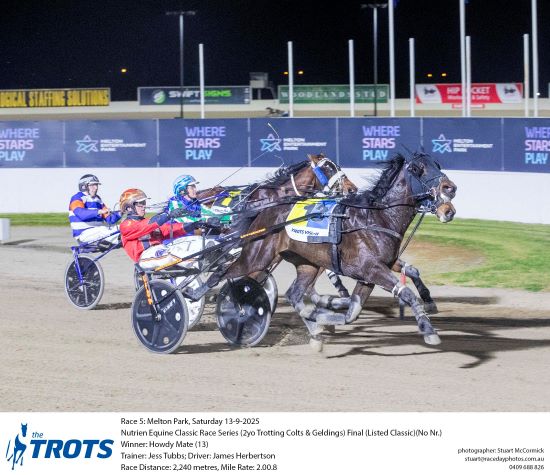 Howdy Mate’s strong burst to take out Nutrien two year old trotters.